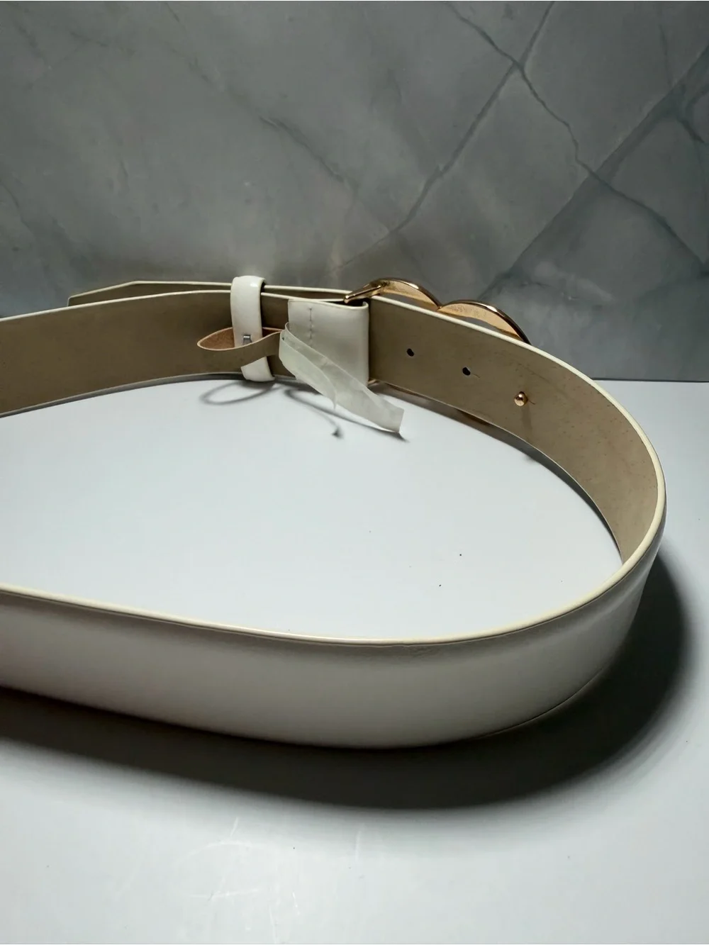 White faux leather interlocking double gold circle metal buckle womens belt